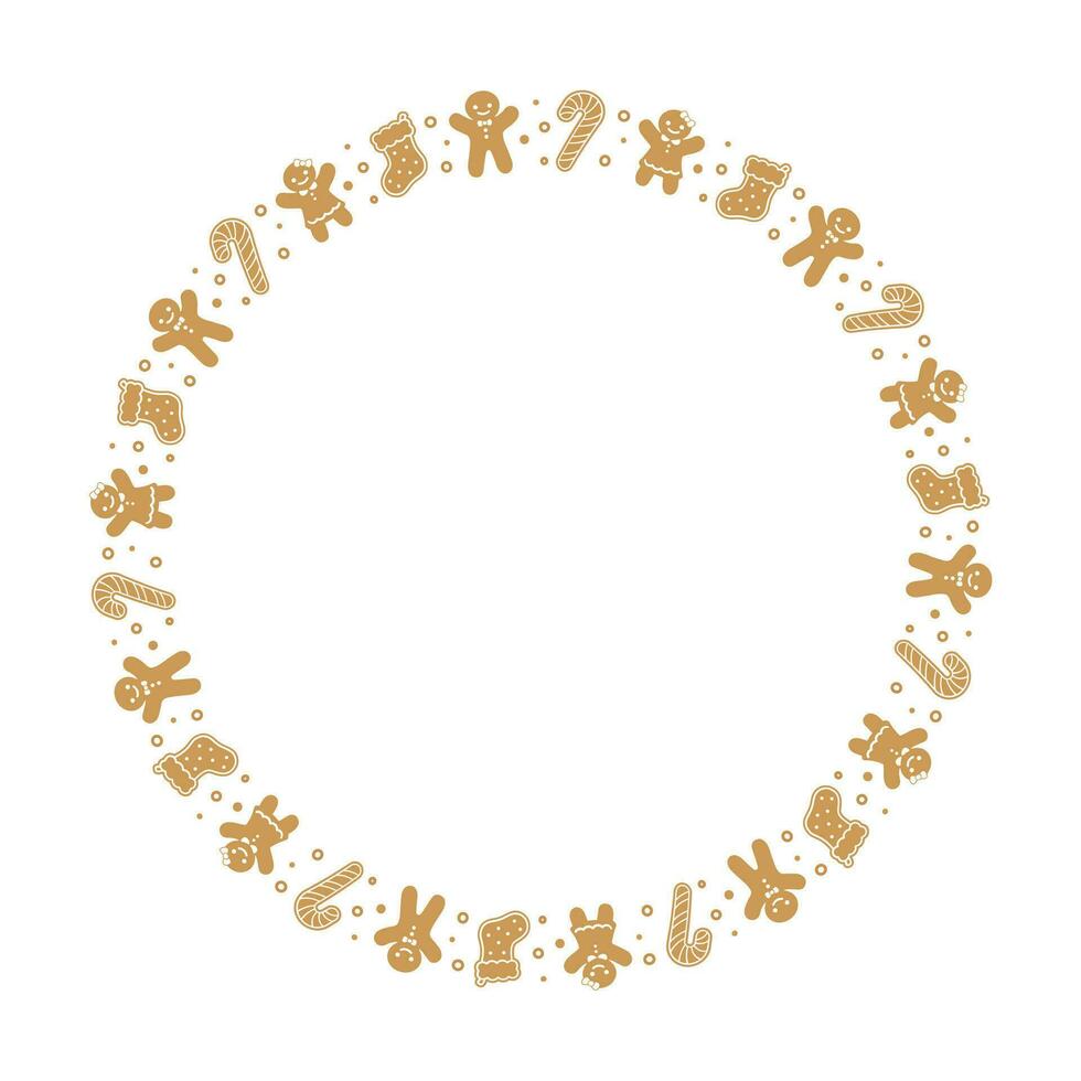 Round Gingerbread Cookies Frame Border, Christmas Winter Holiday Graphics. Homemade sweets pattern, card and social media post template on white background. Isolated vector illustration.