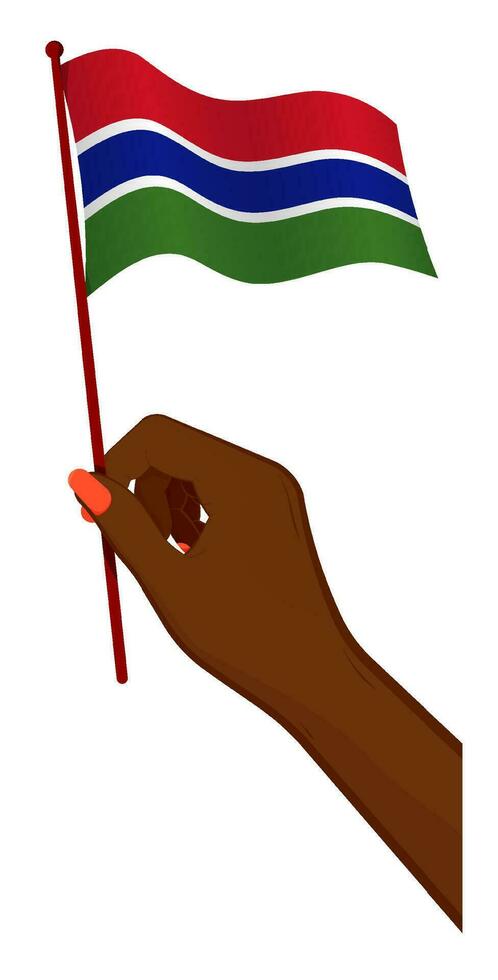 Female hand gently holds small flag of Gambia. Holiday design element. Cartoon vector on white background