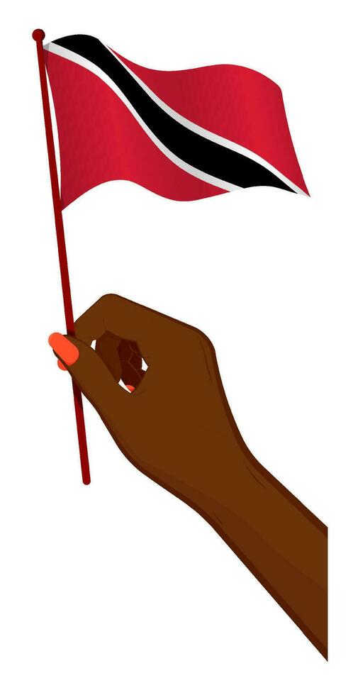 hembra mano suavemente sostiene pequeño bandera de trinidad y tobago fiesta diseño elemento. dibujos animados vector en blanco antecedentes