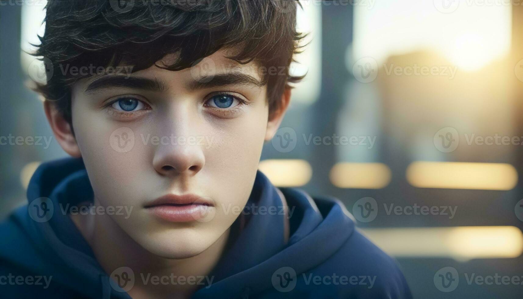 Depressed white teen boy in puberty, identity crisis, image with open text area, created with Generative AI technology photo