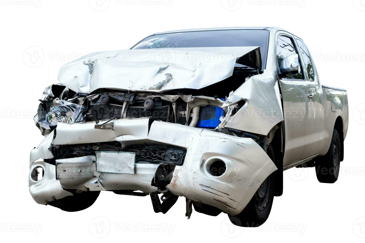 Front of gray or bronze pikup car get damaged by accident on the road. damaged cars after collision. isolated on white background with clipping path photo