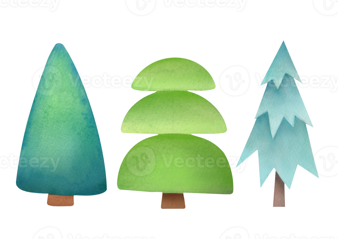 watercolor hand drawn Christmas trees cutout set on transparent background. Coniferous trees green New Year pack. Simple pine-trees clipart collection. Winter holiday evergreen forest tree png