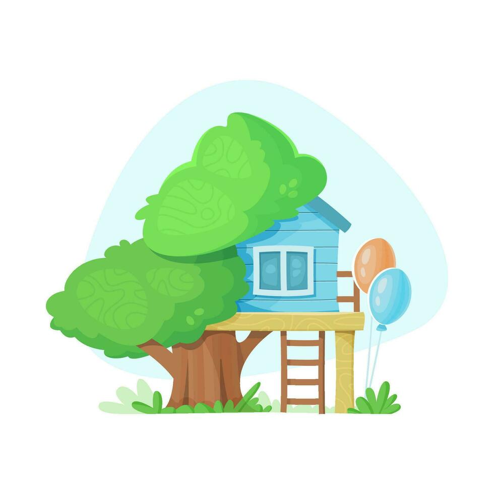 Cute blue house on tree for kids. Cartoon vector illustration.