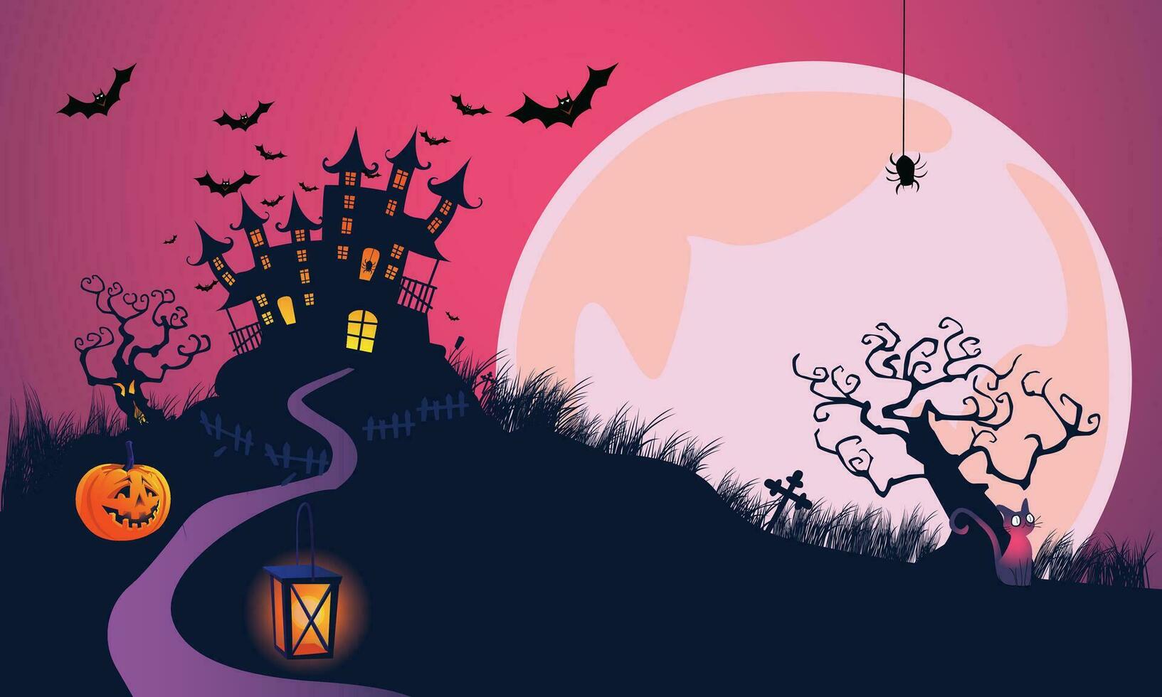 Halloween pumpkin patch in the moonlight. Happy Halloween Purple banner trick or treat with a full moon, bats, pumpkin Party invitation background with text. Vector