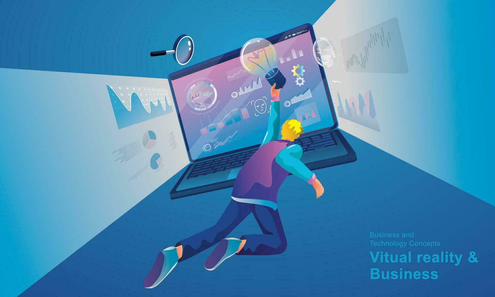 A man wearing a VR headset floating in cyberspace. Simulation of the virtual digital world for business with entertainment and visual experience in the metaverse. Flat vector illustration