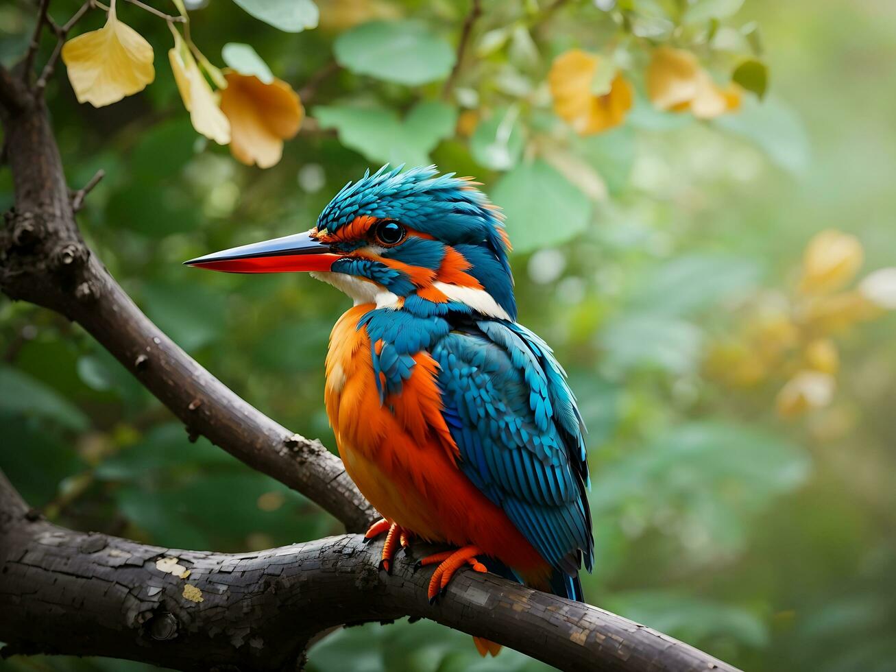 vistoso martín pescador pájaro sentado en un árbol rama generativo ai foto