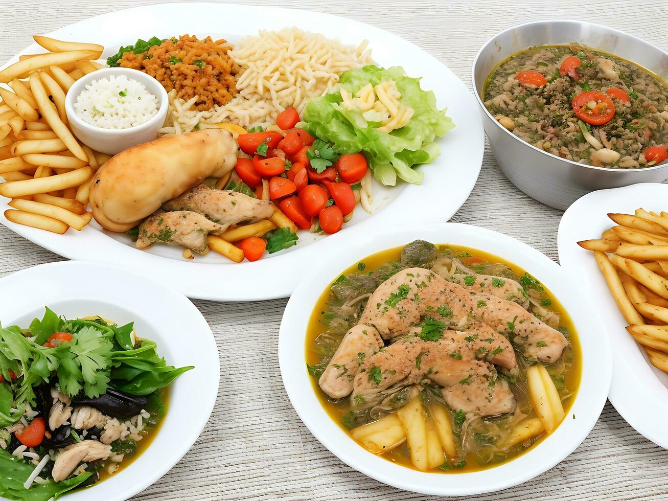 Free photo dinner set with dolma soups, salads and chicken with rice and french fries Generative Ai