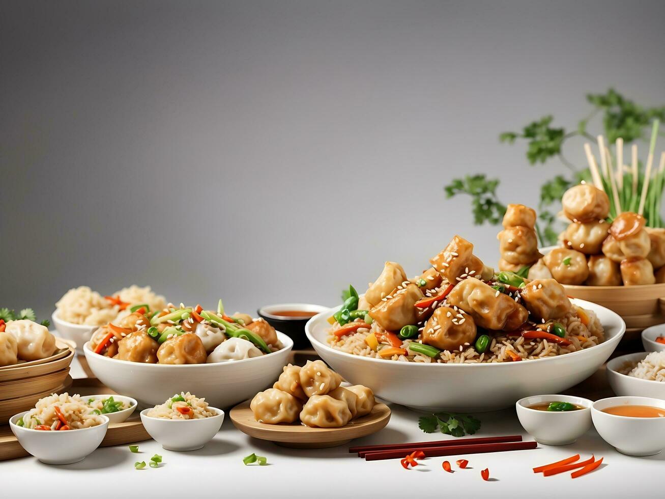 Chinese food on white background. noodles, fried rice, dumplings, stir fry chicken, dim sum, spring roll Generative Ai photo