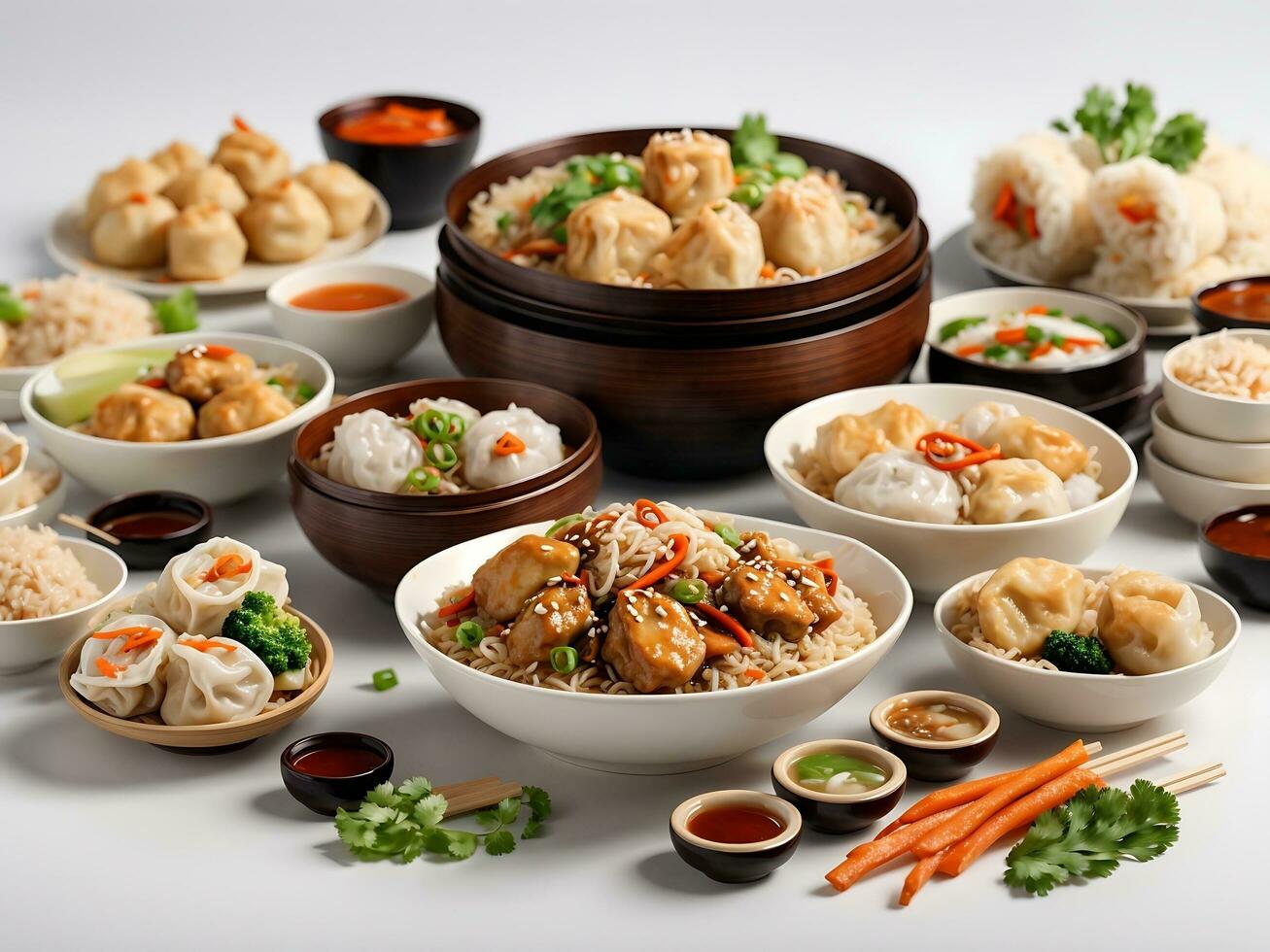 Chinese food on white background. noodles, fried rice, dumplings, stir fry chicken, dim sum, spring roll Generative Ai photo