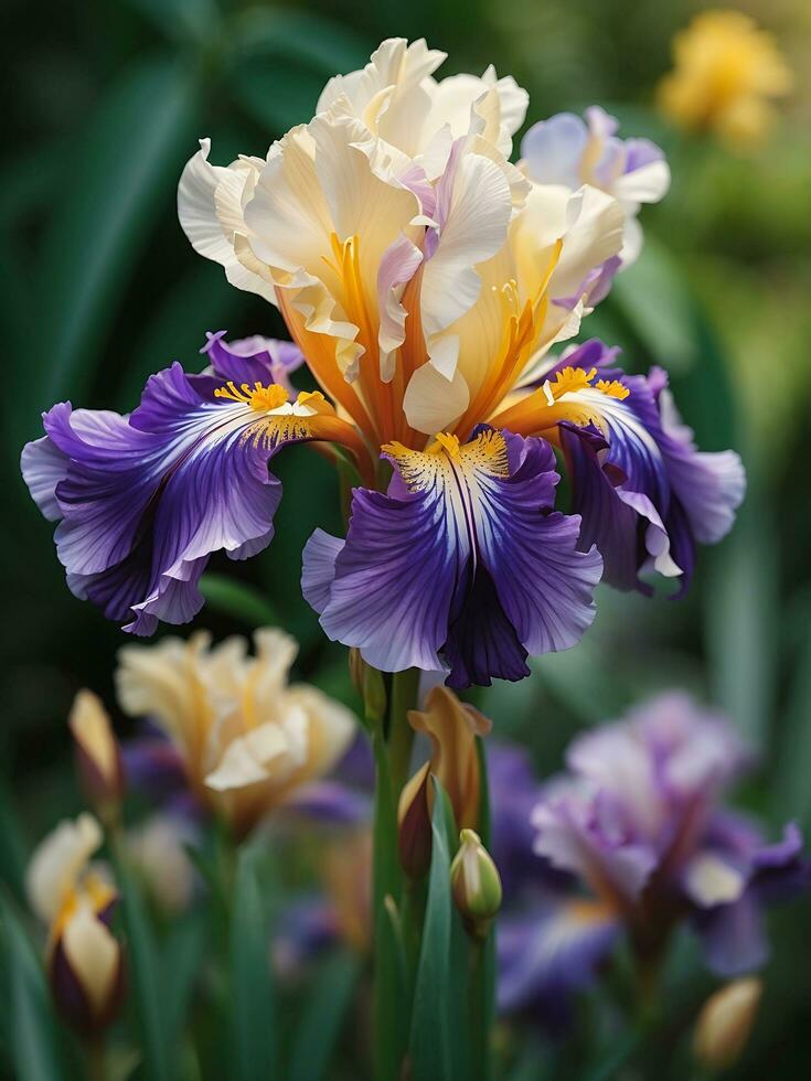 hermosa iris flor en el jardín generativo ai foto