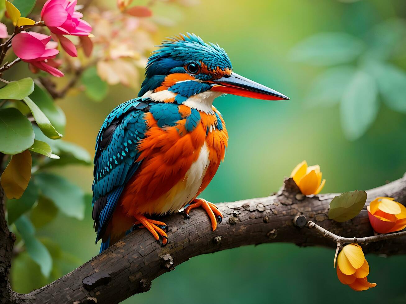 vistoso martín pescador pájaro sentado en un árbol rama generativo ai foto