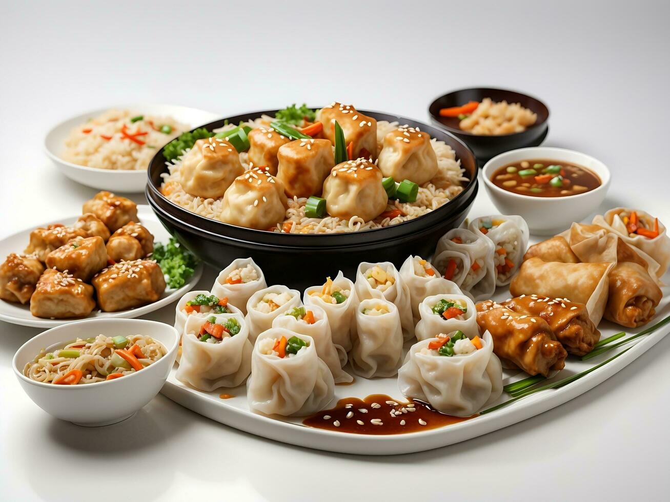 Chinese food on white background. noodles, fried rice, dumplings, stir fry chicken, dim sum, spring roll Generative Ai photo