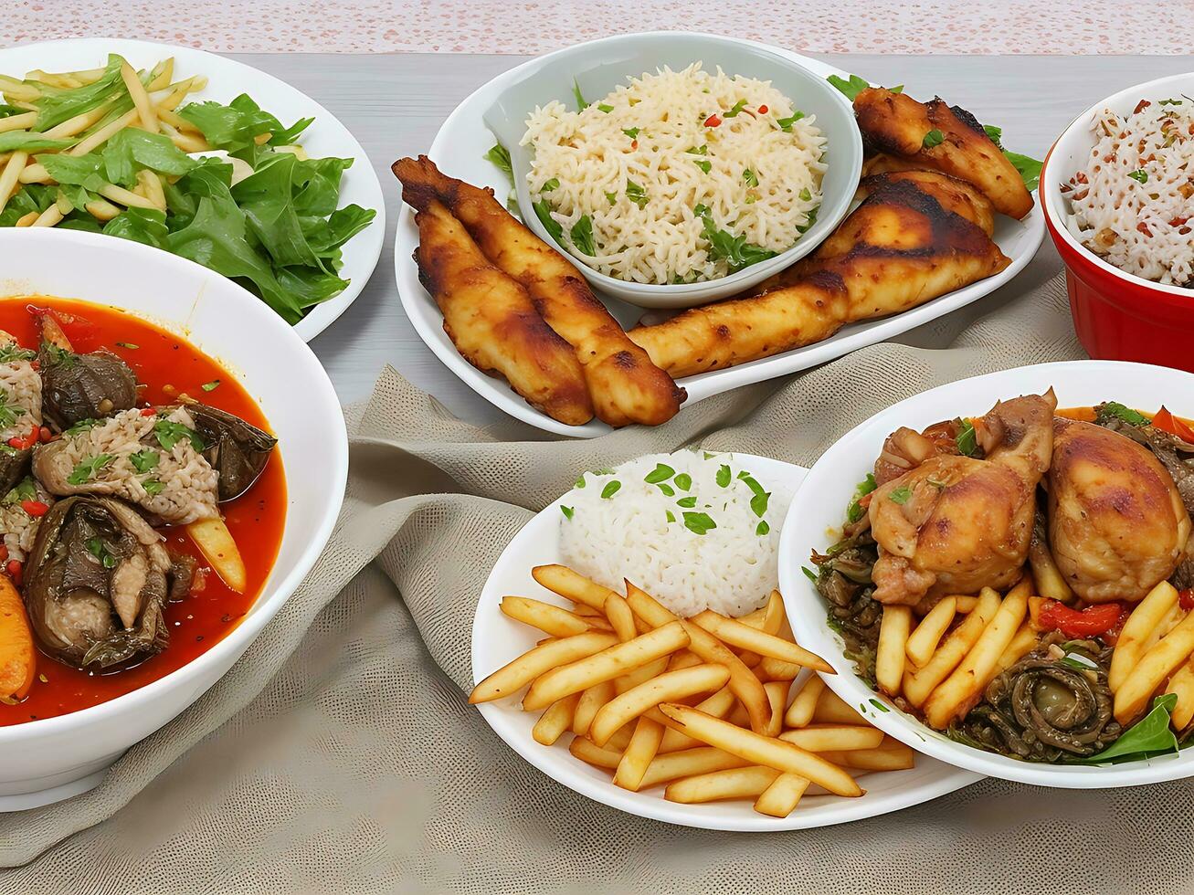 Free photo dinner set with dolma soups, salads and chicken with rice and french fries Generative Ai