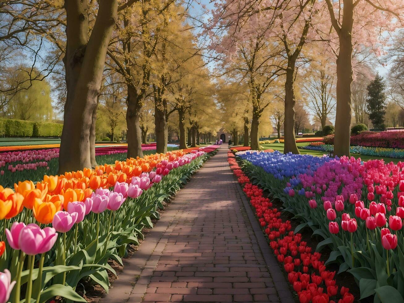 callejón entre vistoso tulipanes keukenhof parque lisse en Holanda generativo ai foto