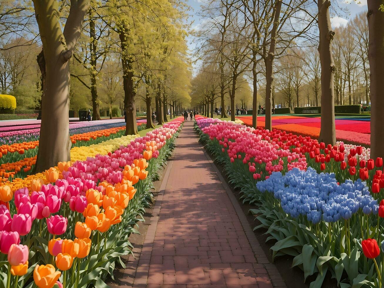 callejón entre vistoso tulipanes keukenhof parque lisse en Holanda generativo ai foto