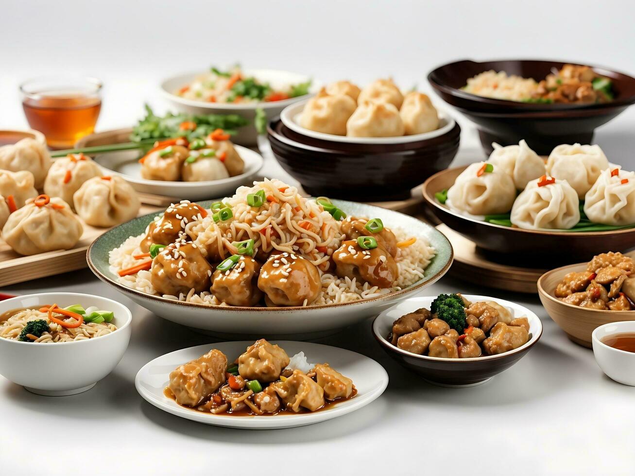 Chinese food on white background. noodles, fried rice, dumplings, stir fry chicken, dim sum, spring roll Generative Ai photo