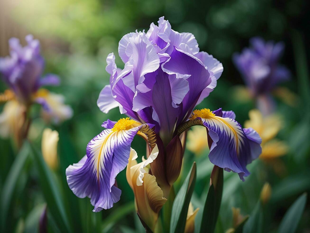 hermosa iris flor en el jardín generativo ai foto