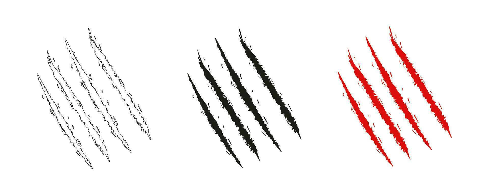 Animal claw scratches and marks. Set. Black and red bloody silhouettes and outline. Icon, flat. Vector isolated on white background. Scratches from a cat, tiger, lion, dog, jaguar, bear, puma, leopard