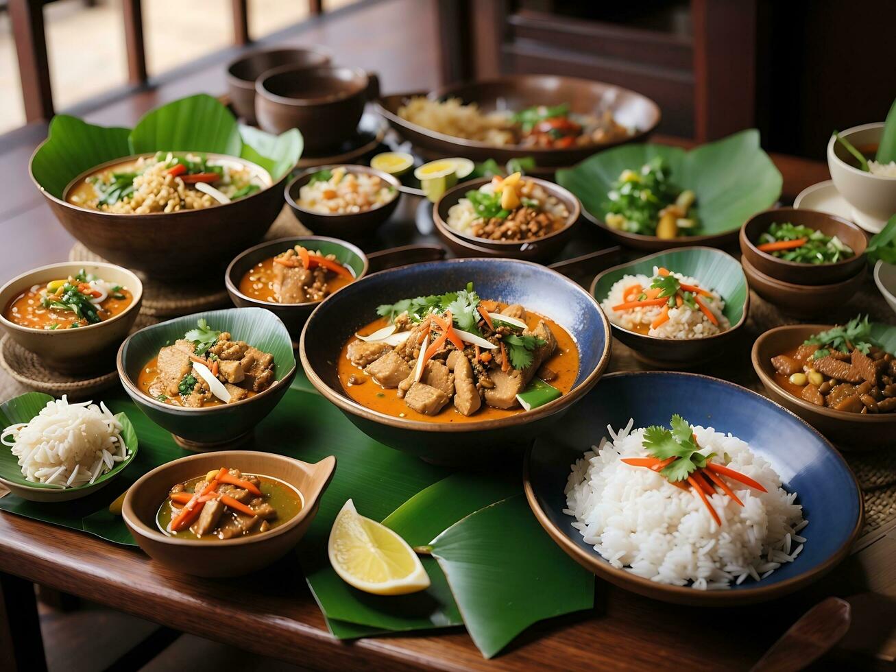 Photo variety authentic thai traditional meal on table Generative Ai