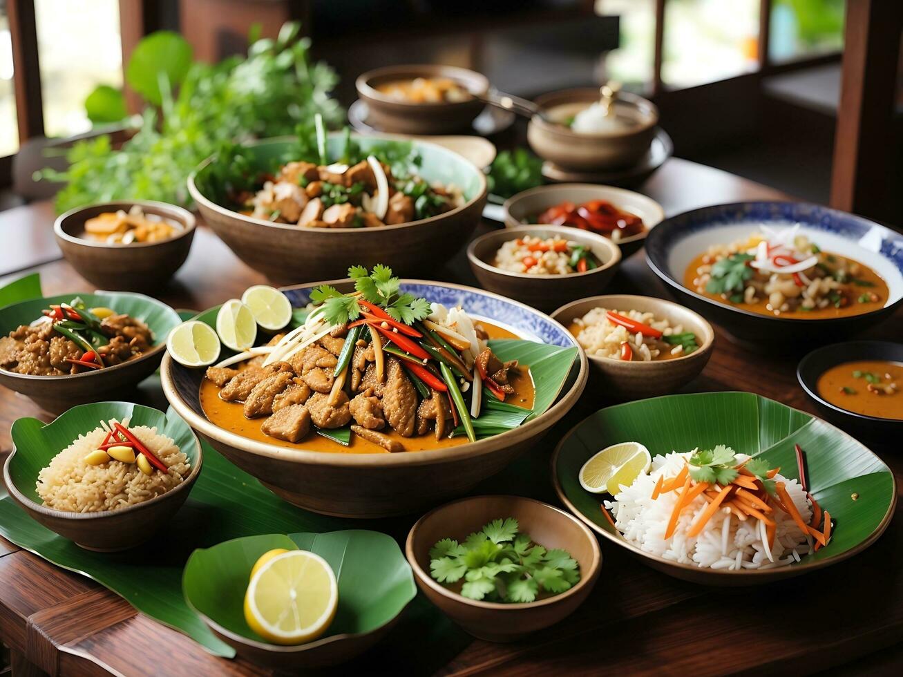 foto variedad auténtico tailandés tradicional comida en mesa generativo ai
