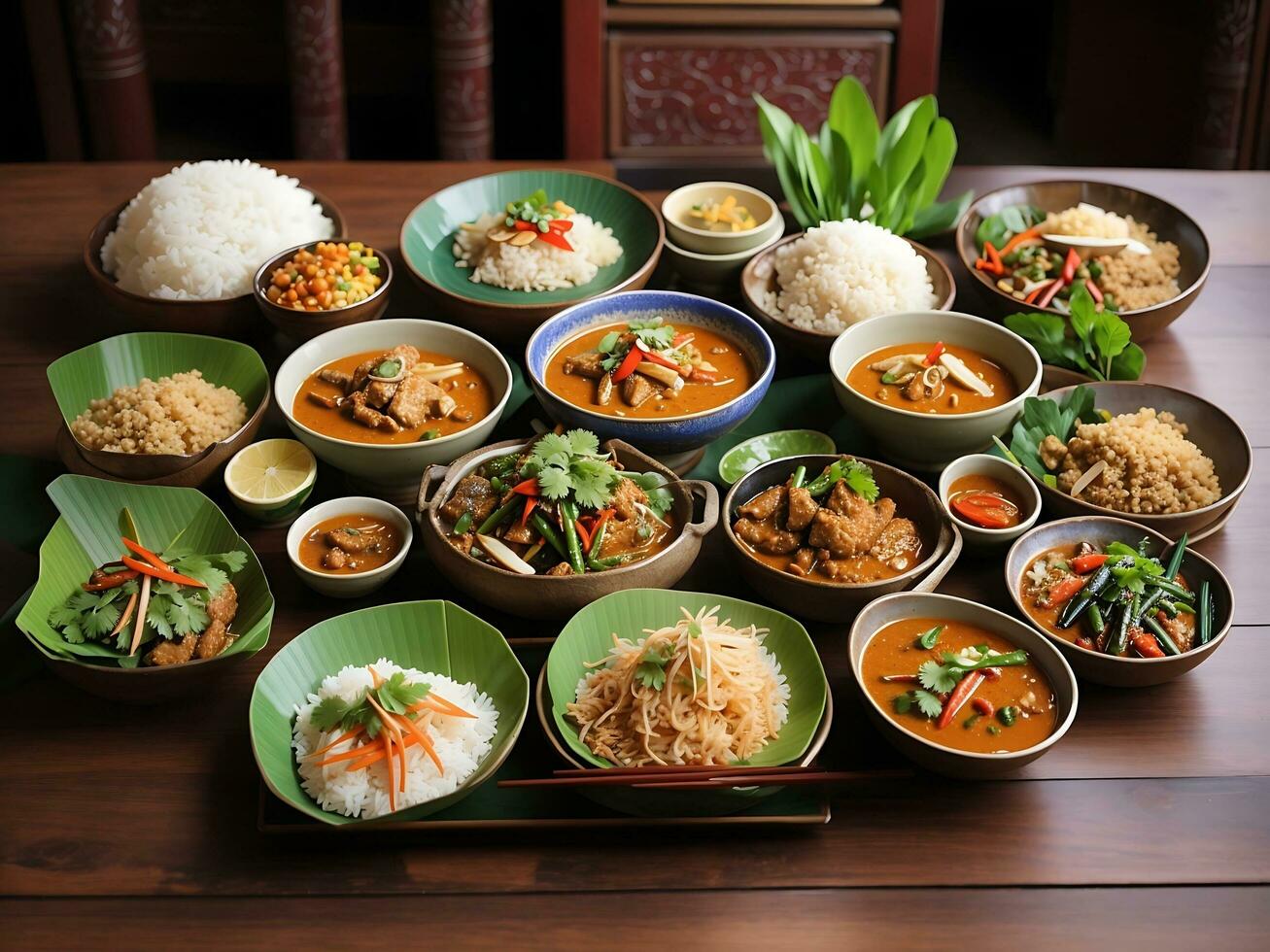 Photo variety authentic thai traditional meal on table Generative Ai