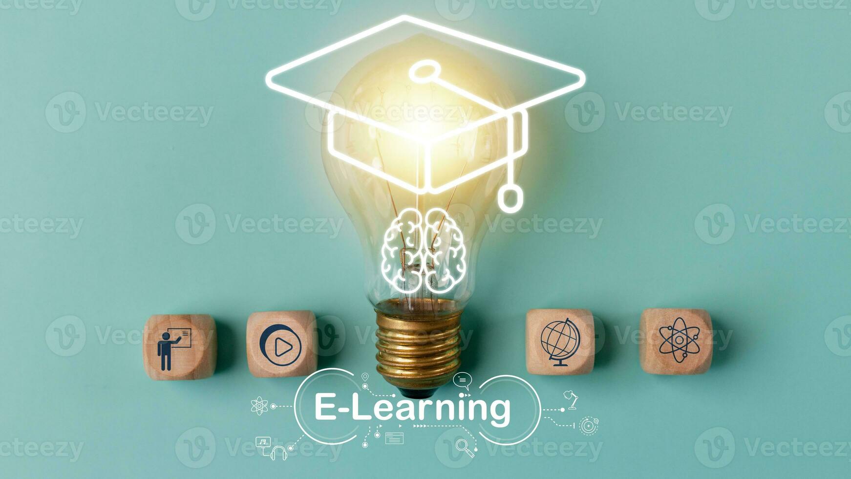 Graduation hat and brain symbols in a light bulb, Internet education course degree, E-learning graduate certificate program concept. study knowledge to creative thinking ideas and problem solving photo