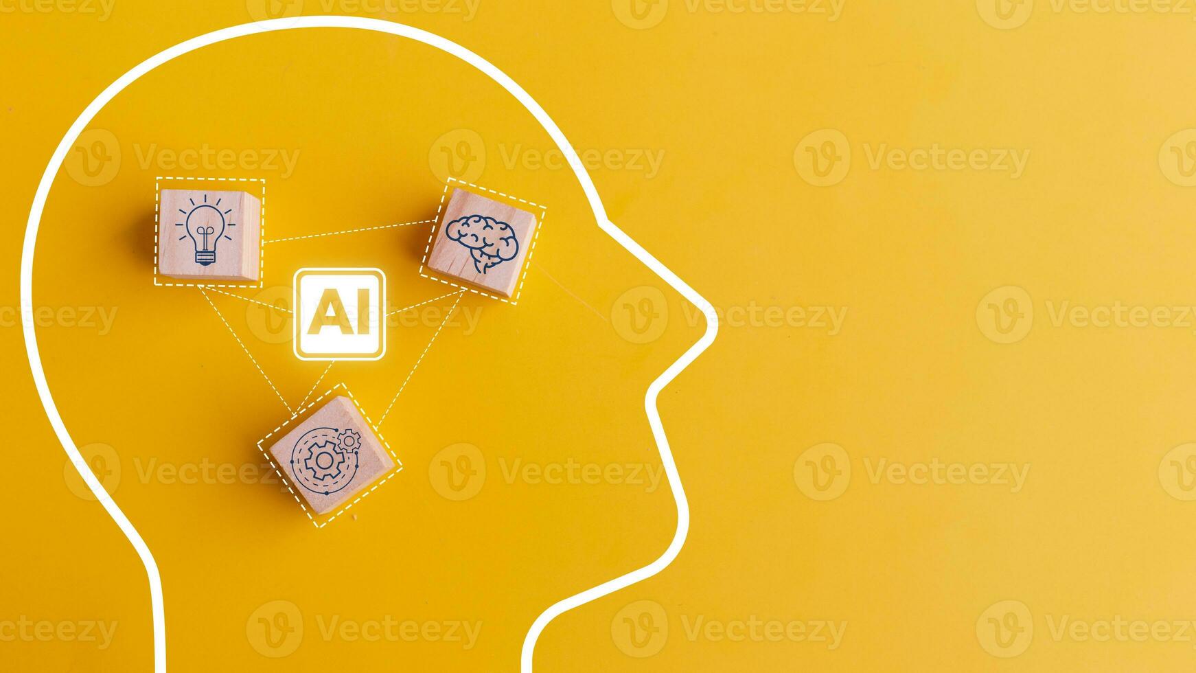 AI with Brain is learning to process big data, analyze information. Face of cyber mind. Artificial intelligence in humanoid head with neural network thinks. Technology background concept. photo