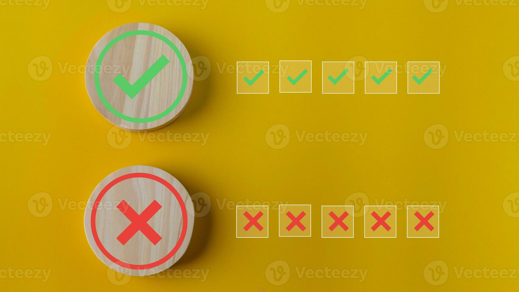 Right and wrong or voting yes or no concept. Wooden blocks with check marks on a yellow background. The idea of choice. photo