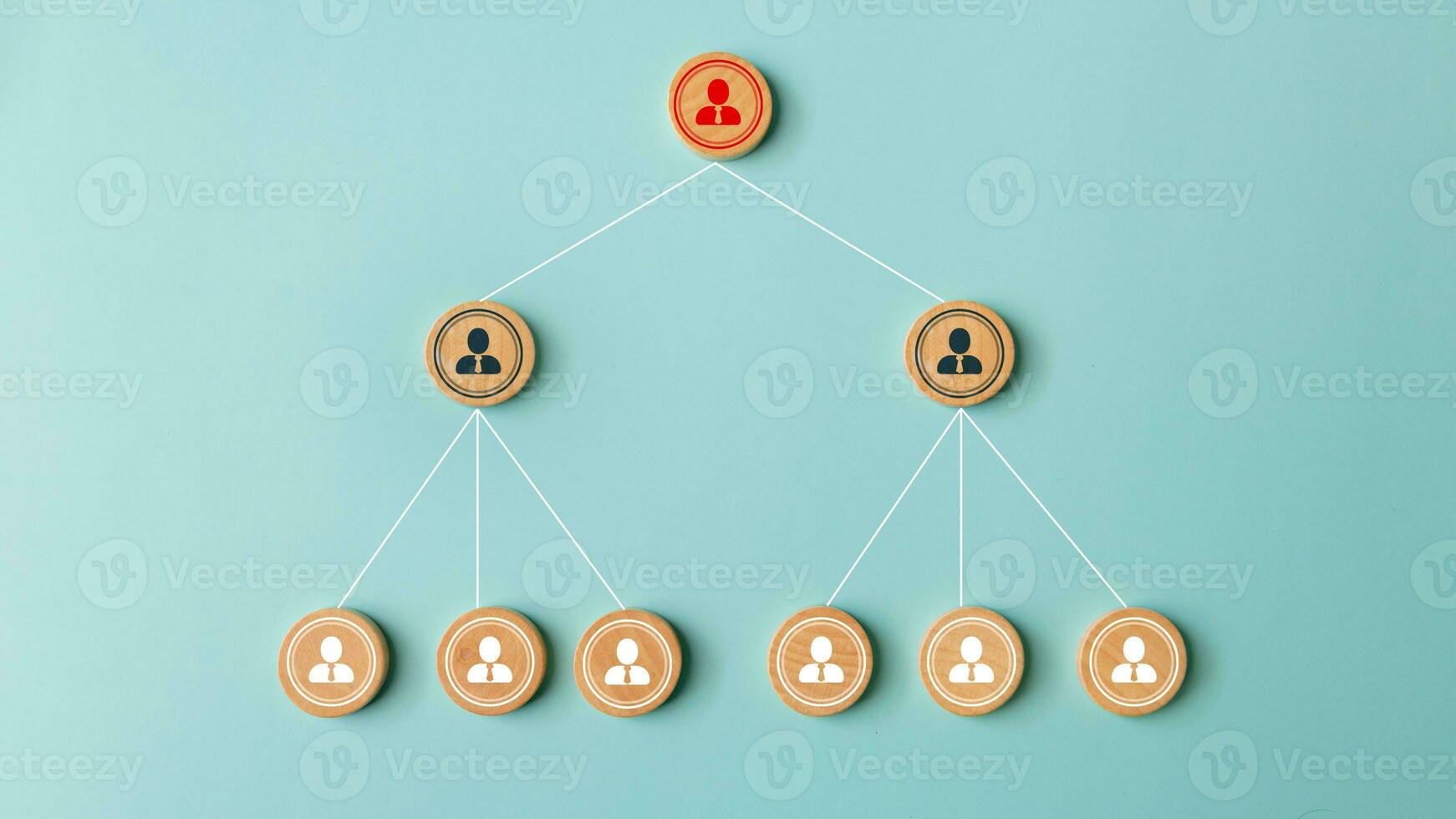 Human resources management and business concept. Company hierarchical organizational chart of wooden cubes on a yellow background. photo