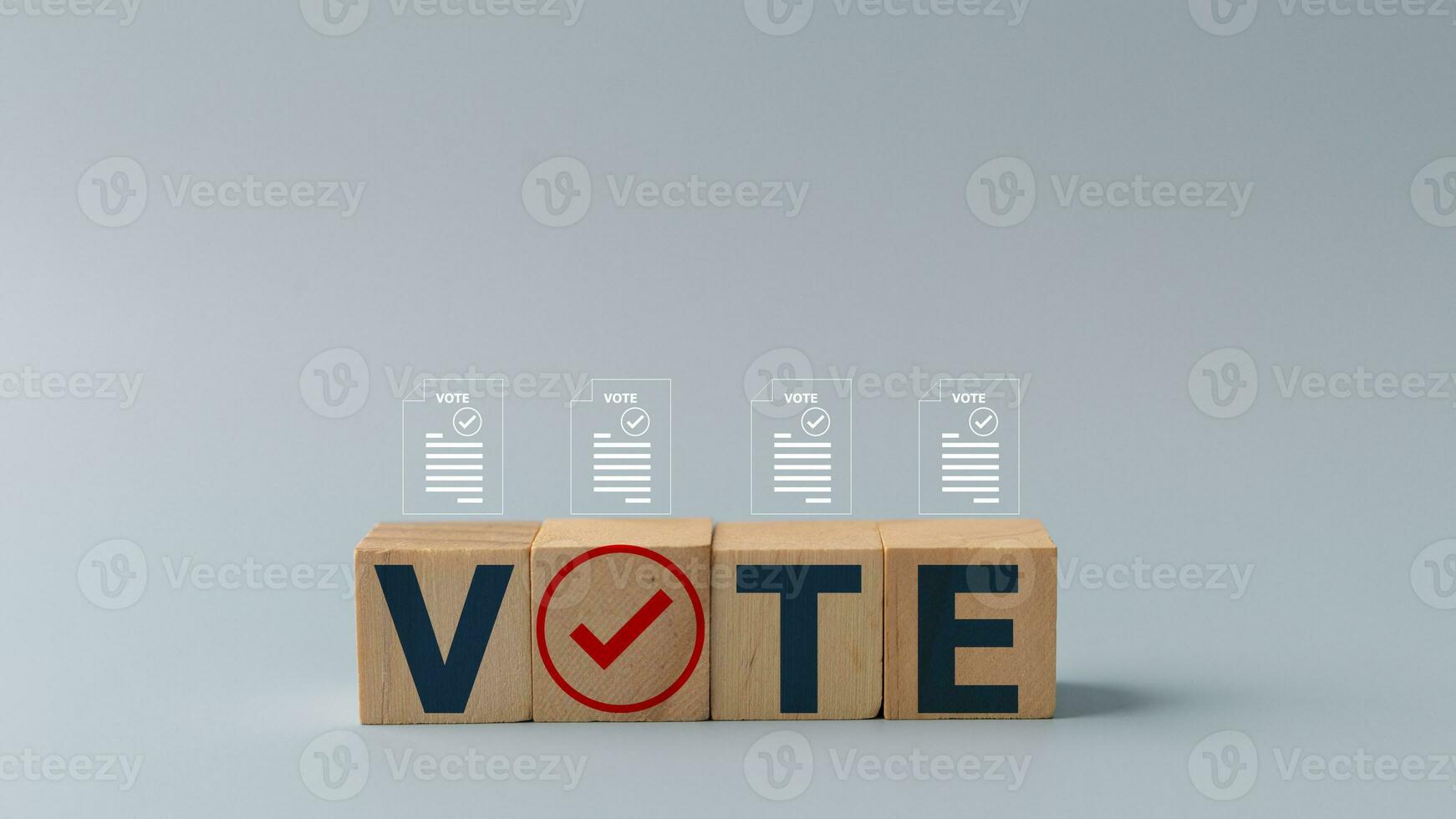 Political election campaign logo. Election invitation campaign for the right to vote. Election voting concept. Vote words with checkmark symbols on wooden cube blocks.  Elections and poll icons. photo