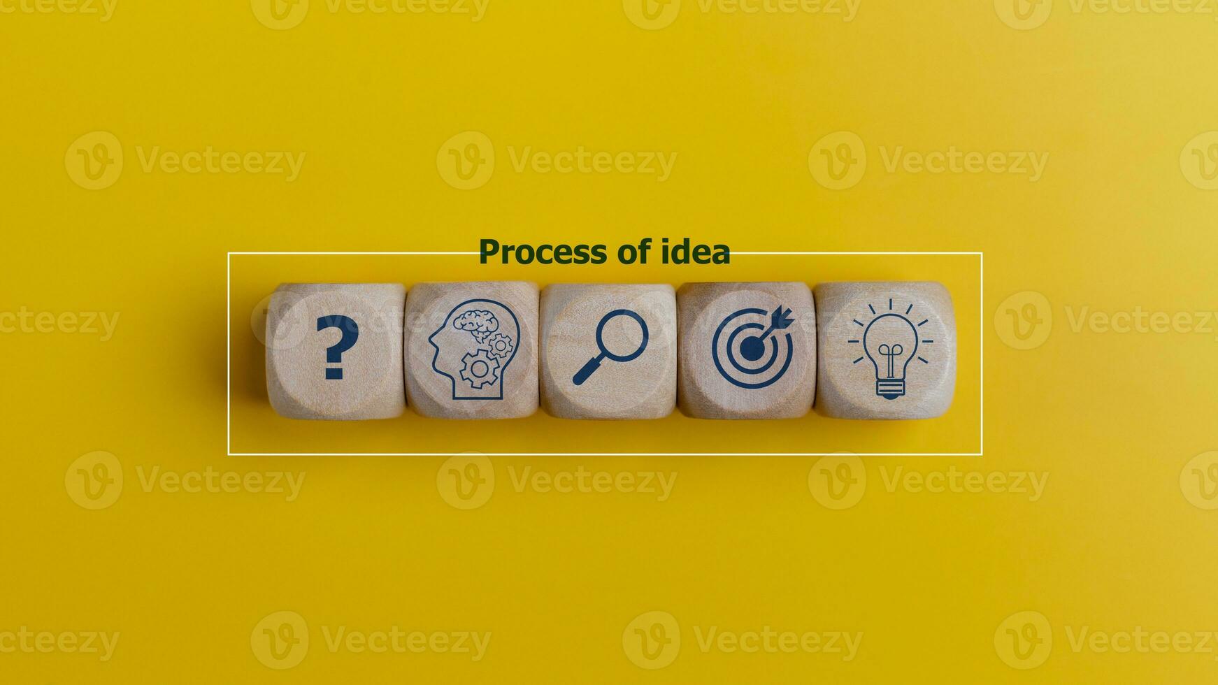 The process of idea formation or creation and problem-solving. Thinking, analyzing, researching, information gathering, and idea icons on wooden cubes. photo