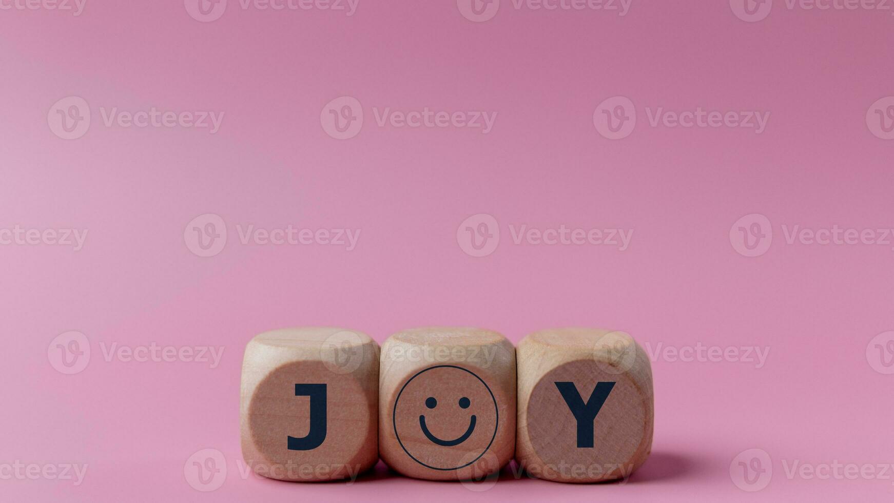 palabra alegría en de madera bloques con un sonriente cara símbolo. alegría, felicidad, placer, alegre emoción. foto