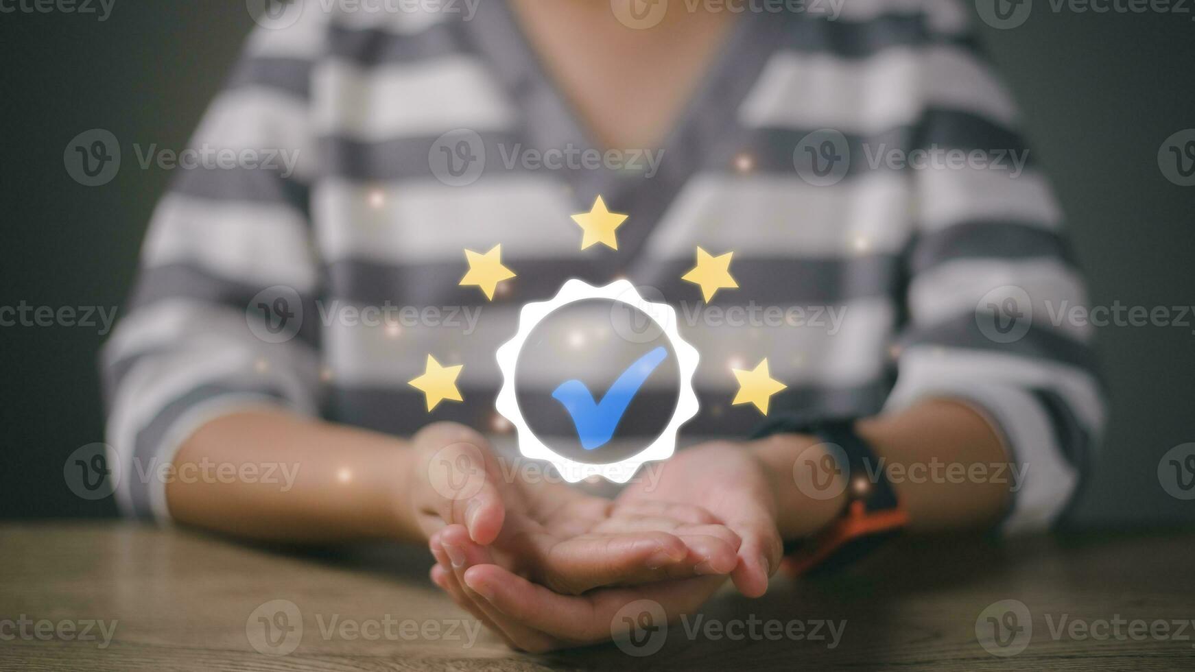 ISO certification and standardization concept. Hand shows the sign of the top service Quality assurance 5 stars, Guarantee, Standards, photo