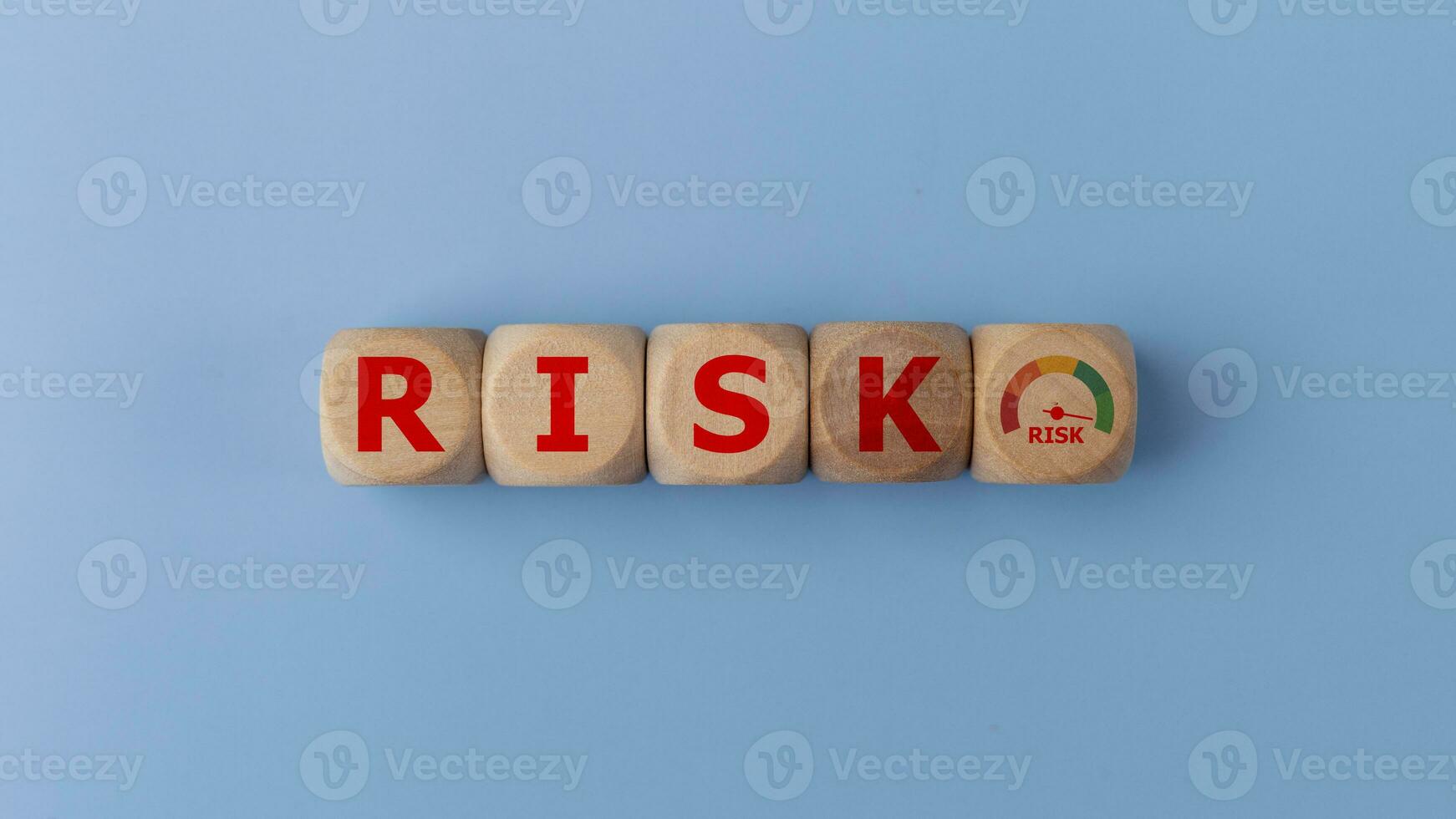 Risk level indicator rating print screen wooden cube block since low to high on blue background for Risk management and assessment concept. photo