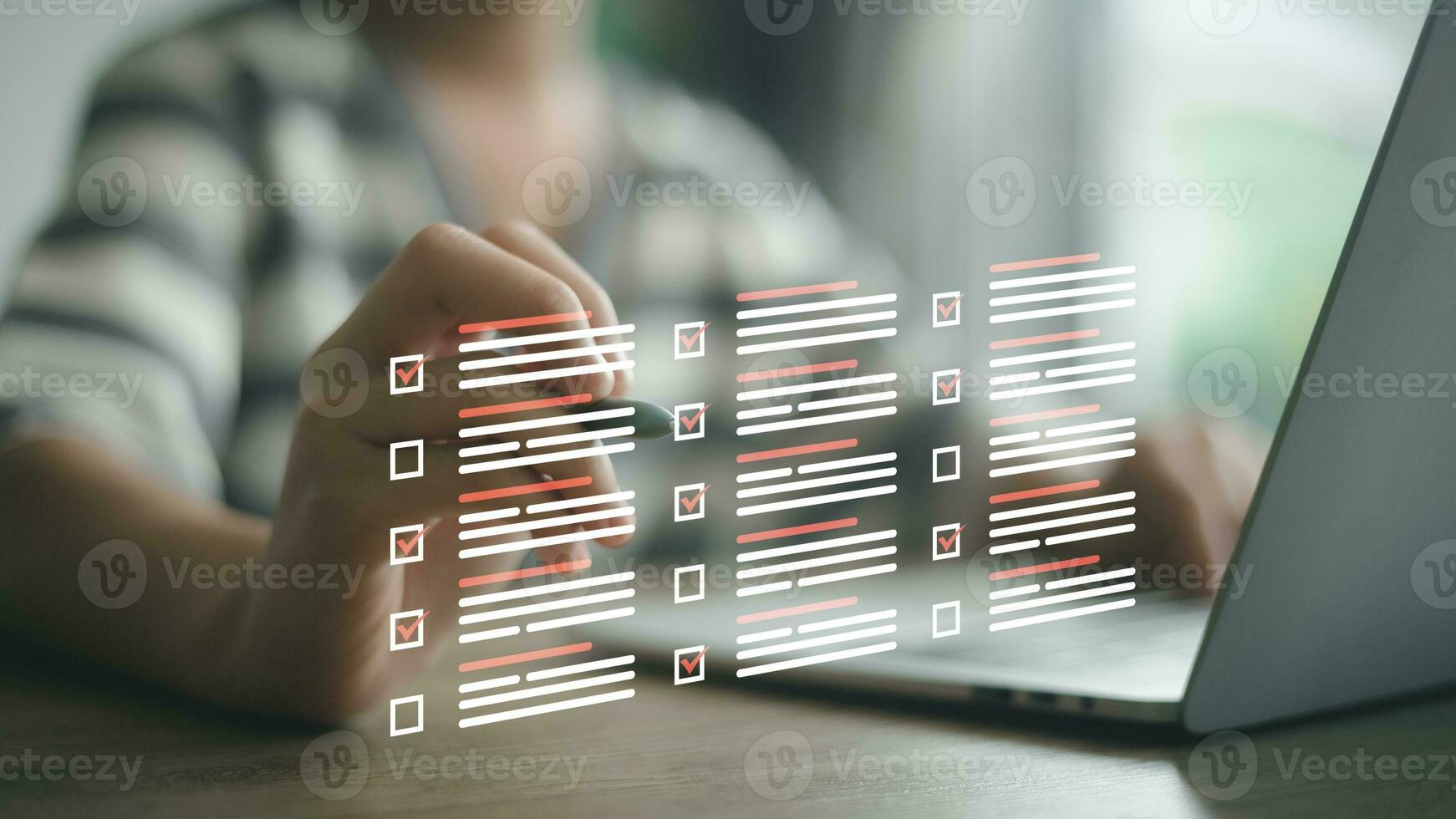 Businesswomen tick mark an assessment, questionnaire, evaluation, online survey online exam choose the right answer in the exam, filling out an online survey form. Answer the test questions concept. photo