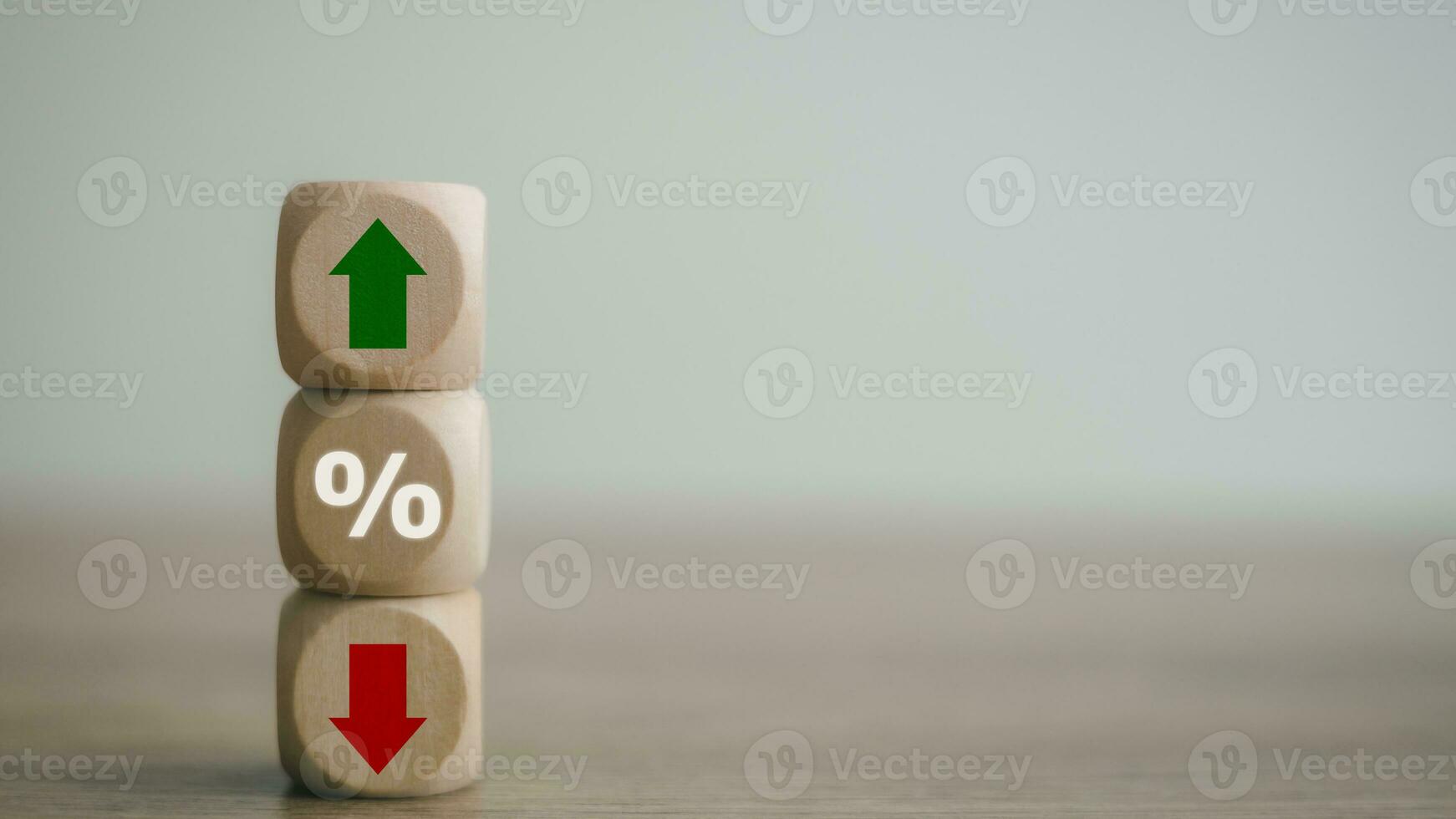 Cube block with percentage symbol icon. Interest rate financial and mortgage rates concept. Wood cube change arrow down to up. Interest rate, stocks, ranking. Business and finance concept. photo