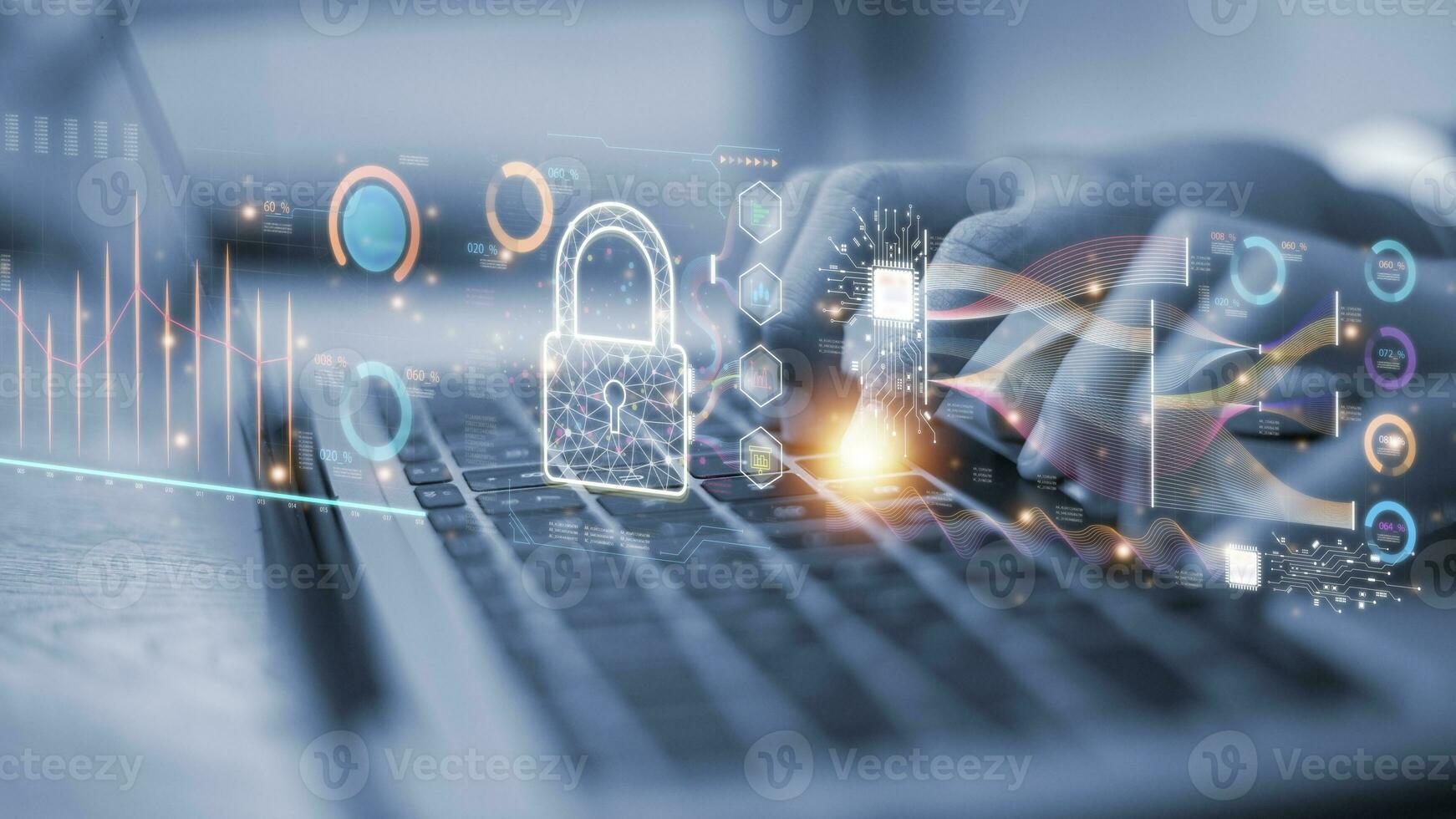 Data protection concept. using laptop computers with digital padlocks on internet technology networking, cloud computing, data management, and cybersecurity. Cyber security network. photo