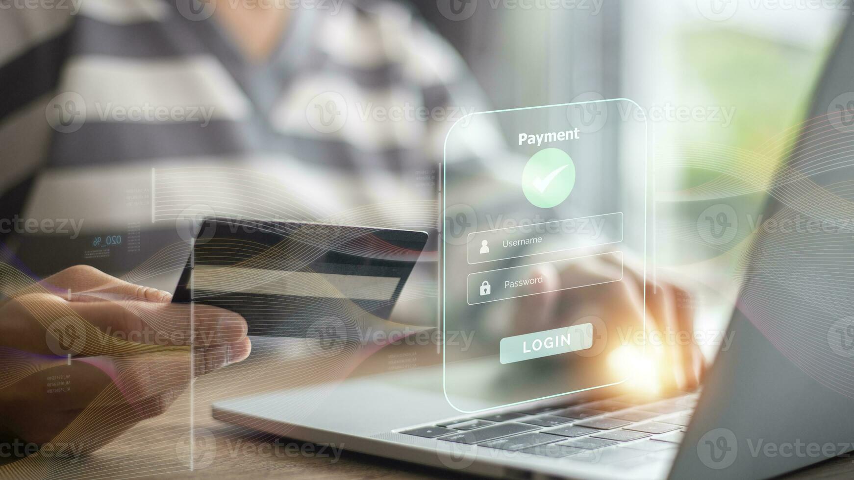 Mobile banking network, online payment, digital marketing. Business people using laptops with credit cards on virtual screen , business technology photo