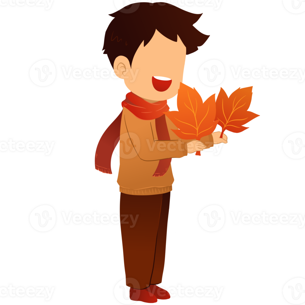 Little Boy Playing With Maple Leaf in Autumn Illustration png