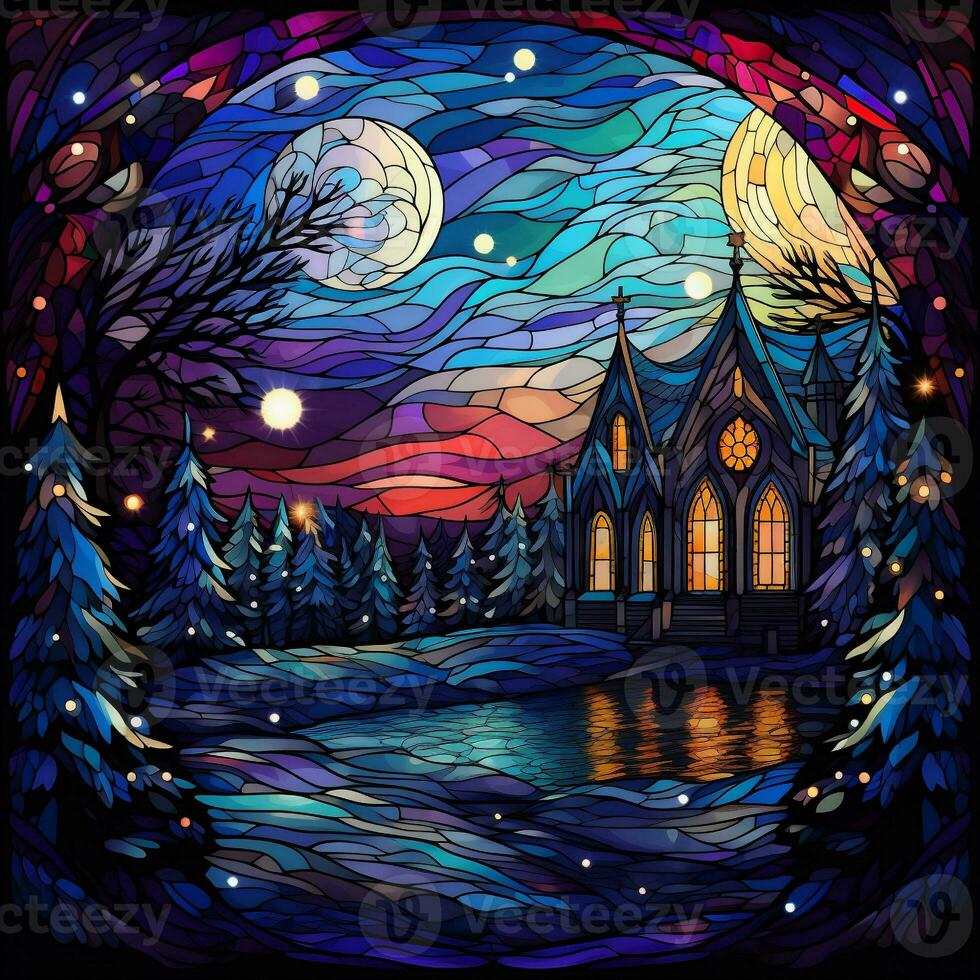 Winter night landscape in stained glass style. AI-generated photo