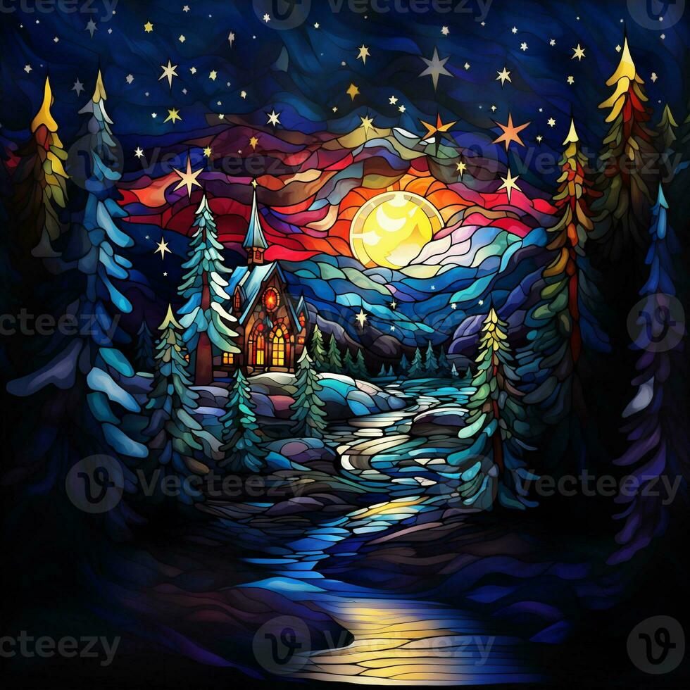 Winter night landscape in stained glass style. AI-generated photo