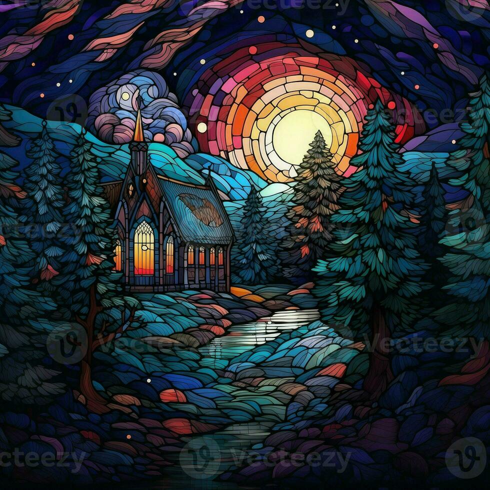 Winter night landscape in stained glass style. AI-generated photo