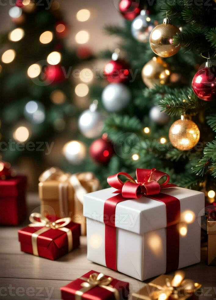 Photo of the Christmas tree and gift boxes presents Christmas lights Happy New Year AI Generative