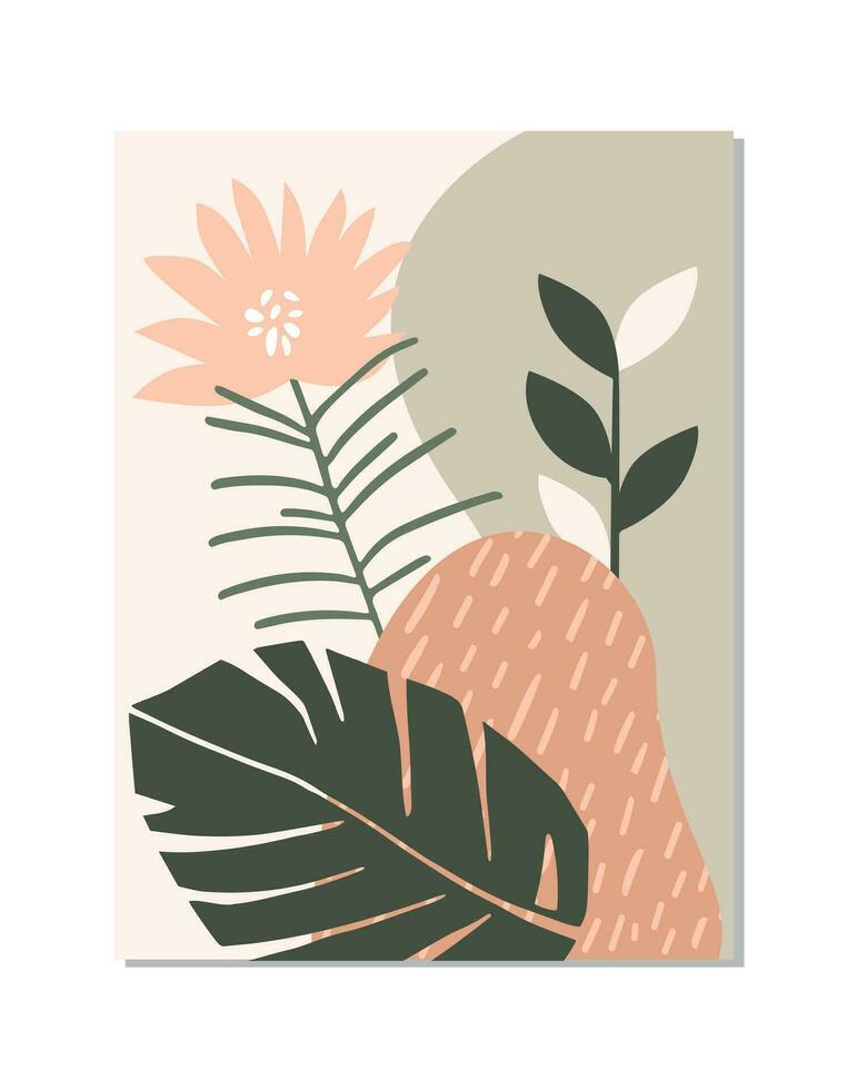 Tropical plants and flowers abstract design, vector illustration in flat style.