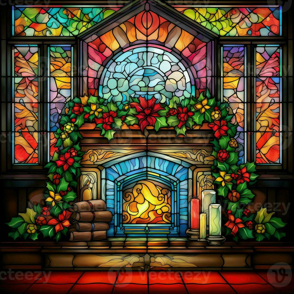 Christmas eve cozy fireplace in stained glass style photo