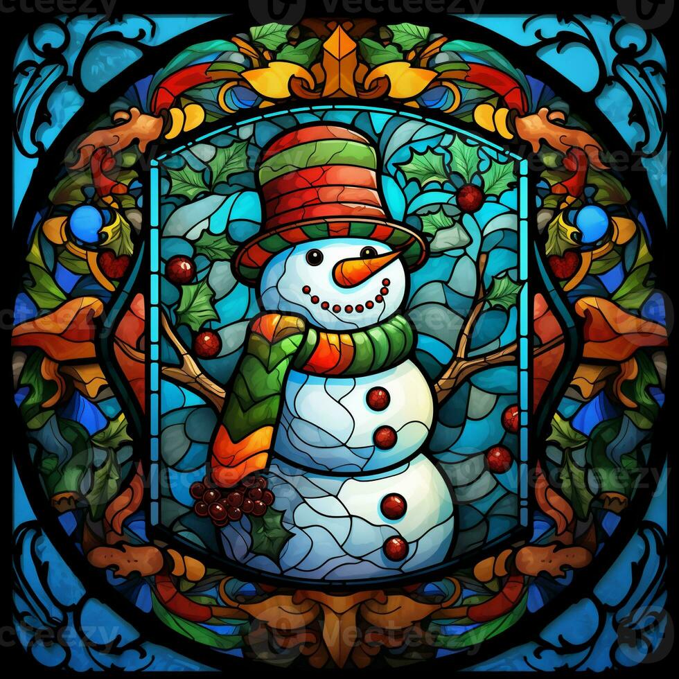 Cute snowman postcard in stained glass style photo