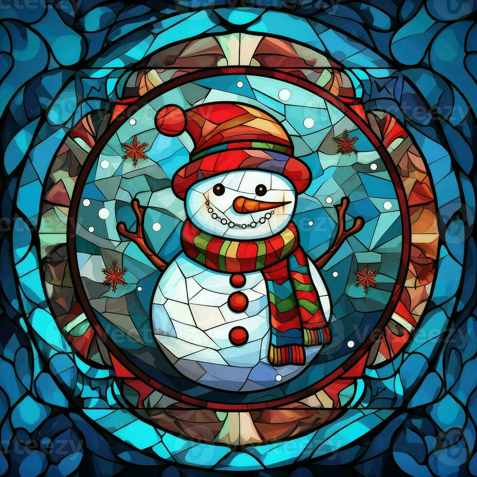 Cute snowman postcard in stained glass style photo