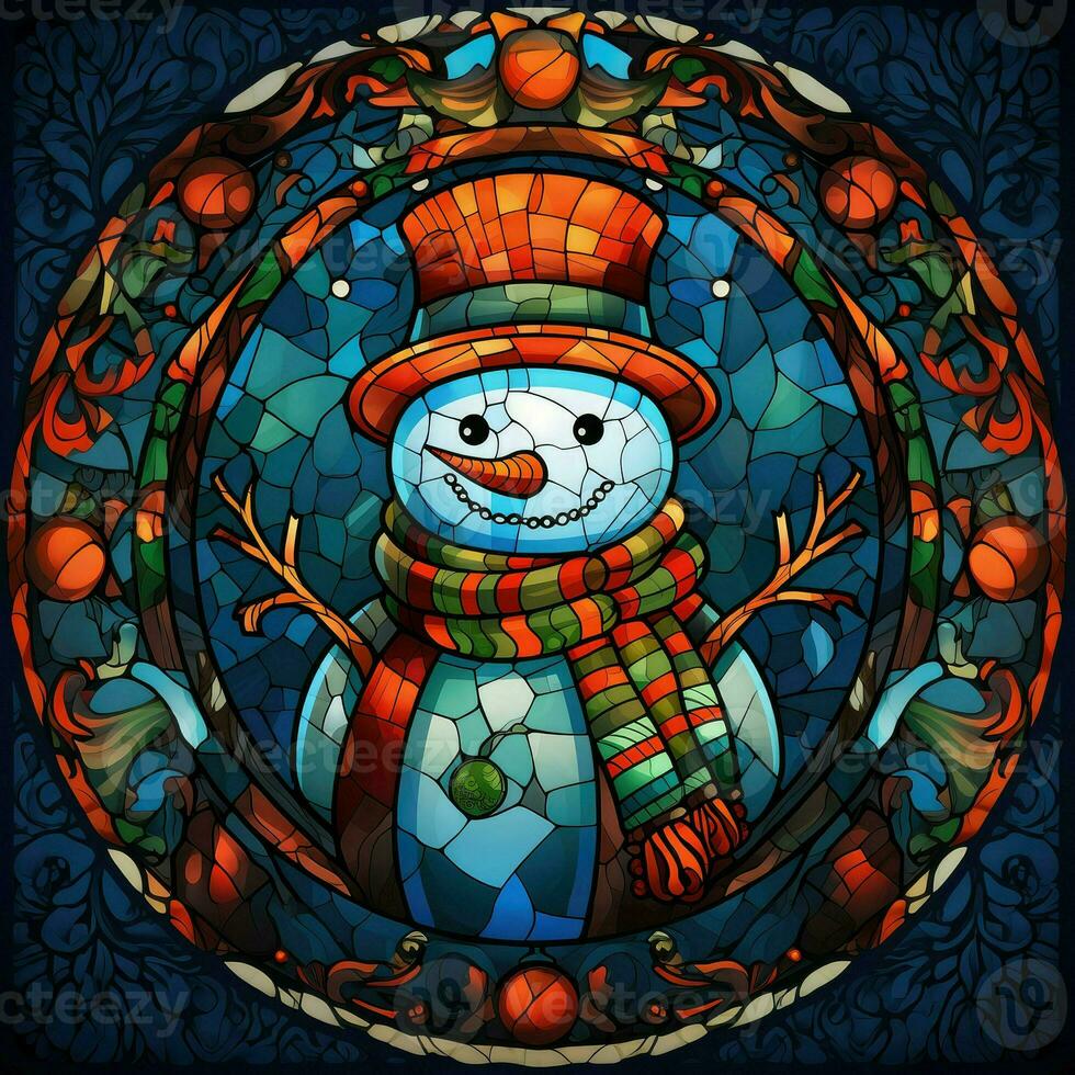 Cute snowman postcard in stained glass style photo