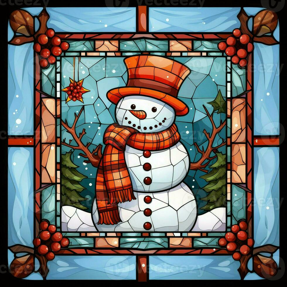 Cute snowman postcard in stained glass style photo