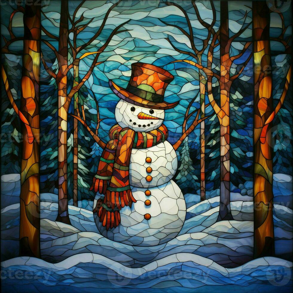 Cute snowman postcard in stained glass style photo